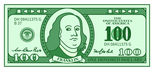 Green 100 dollar banknote with stylized Franklin portrait in flat design. Play money or fake banknote. Vector illustration. - obrazy, fototapety, plakaty