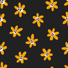 Vector seamless pattern of cute doodle sculls. Halloween simple background