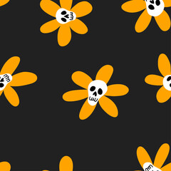 Vector seamless pattern of cute doodle sculls. Halloween simple background