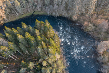 Lush Forests and a River in the Evening Aerial View