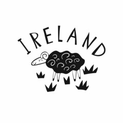 Vector hand drawn Ireland logo. Travel illustration of Republic of Ireland shape. Hand drawn lettering illustration. Irish culture element