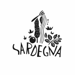 Vector hand drawn Italy label. Travel illustration of Sardinia. Hand drawn lettering illustration. Italian symbol logo