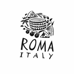 Vector hand drawn Italy label. Travel illustration of Rome. Hand drawn lettering illustration. Italian symbol logo