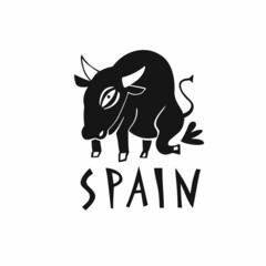 Vector hand drawn symbol of Spain. Travel illustration of Spain bull. Hand drawn lettering illustration. Spanish landmark logo