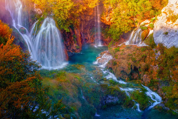 Cascade of Waterfall in Autumn Plitvice Lakes National Park