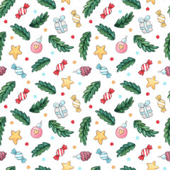 Christmas seamless pattern with spruce branches and decorations: gift, star, caramel candy, pinecone, ball. Watercolor hand painted illustration