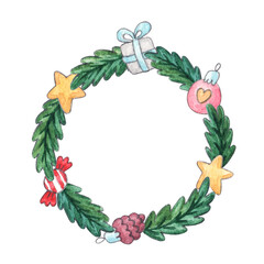 Watercolor spruce wreath with decorations: gift, stars, caramel candy, pine cone, ball. Christmas round frame isolated on white background. Hand-drawn illustration.