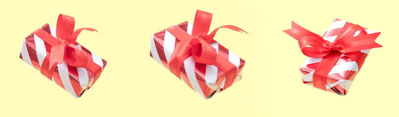 Christmas gift box set, levitation on warm background.