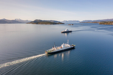 Norwegian Car Ferries Crossing Paths in a Fjord