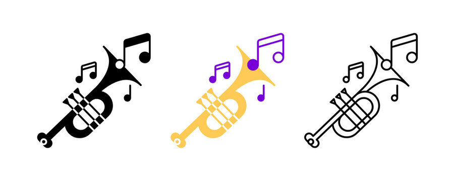 Trumpet and musical notes icon set. Entertainment and music icon. Art vector illustration set. Editable row set. Silhouette, colored, linear icon set.