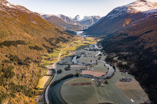 Stryn Norway Winding River and Beautiful Scenery Aerial View