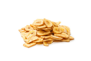 Banana chips isolated on a white background. Dehydrated banana.