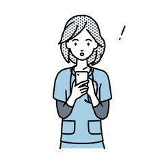 立ってスマートフォンを操作して何かに気づいて驚いた看護師の女性