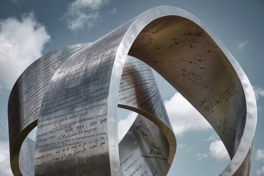 MEYRIN, CANTON OF GENEVA, SWITZERLAND - AUGUST 31, 2021: Steel sculpture "Wandering the immeasurable" by artist Gayle Hermick at CERN. Shaped like a ribbon, it honors great discoveries in physics.