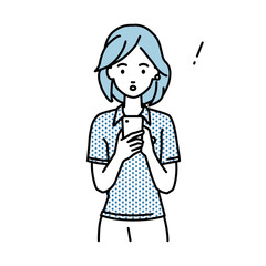 立ってスマートフォンを操作して何かに気づいて驚いたポロシャツの女性