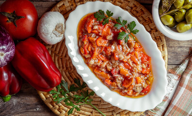 Espencat, typical dish of  Comunidad Valenciana in Spain, made with pepper, tomatoes, aubergine, garlic and cod, seasoned with spices and olive oil.