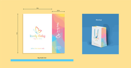 Colorful and attractive portrait Paper Carry bag design with measured lines with blend pattern for baby product brands, kids brands, kids and nursery schools, clothing, playful, fun business designs
