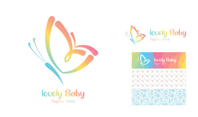 Attractive colorful butterfly love logo  with pattern and theme using letter L with baby icon pattern using colors red, blue, pink, orange, green for baby product brand, preschool nursery designs