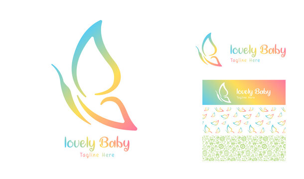 Attractive colorful butterfly love logo  with pattern and theme using letter L with baby icon pattern using colors red, blue, pink, orange, green for baby product brand, preschool nursery designs