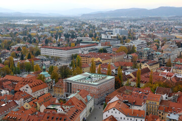 Fototapeta na wymiar Aerial view of central Ljubljana, Slovenia during autumn.