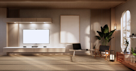 Cabinet Mock up, Minimal Living room, tatami mat floor and armchair design.3D rendering