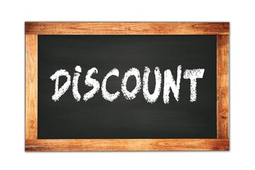 DISCOUNT text written on wooden frame school blackboard.