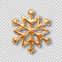 Golden snowflake isolated on transparent background. Design element for Christmas greeting card