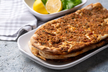 Turkish and Arabic Traditional Ramadan Bread Sliced Etli Ekmek or Pide