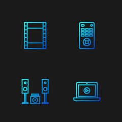 Set line Online play video, Home stereo with two speakers, Play Video and Remote control. Gradient color icons. Vector