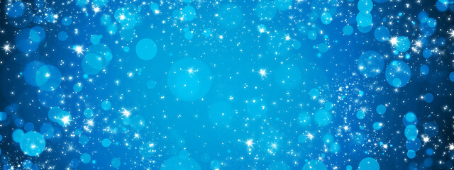 Blue gradient background with bokeh and sparkles. Festive glowing banner