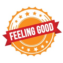 FEELING GOOD text on red orange ribbon stamp.