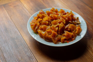 Ripe fresh healthy diet vegetarian food with vitamins. Candied pumpkin