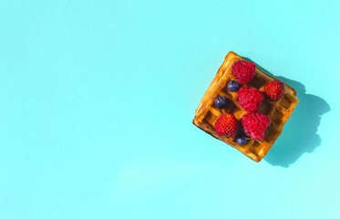 Waffle decorated with black and red berries on a blue background hard light. Baking waffle on a colored background top view of kopi space