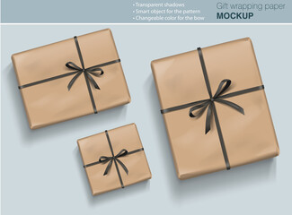 Vector gift paper box mock up with bow on light background with transparent shadows. Wrapping paper  template for your design