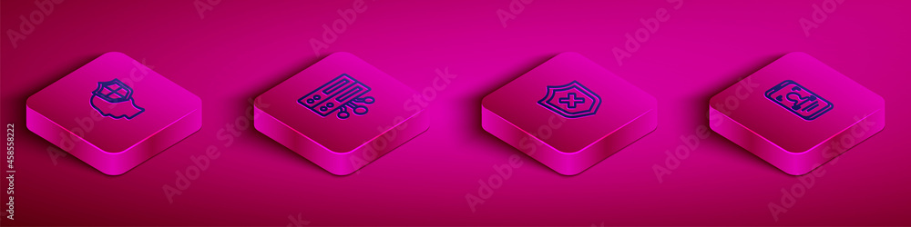 Poster set isometric line head with shield, server, data, web hosting, shield cross mark and mobile and fac