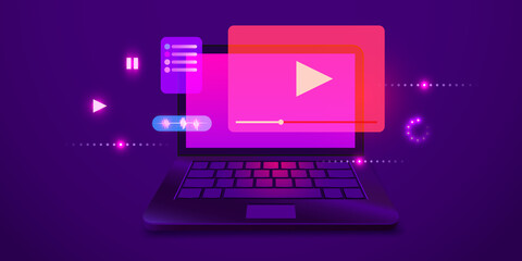 Video player on laptop screen. Multimedia concepts. Modern futuristic design graphic elements. - obrazy, fototapety, plakaty