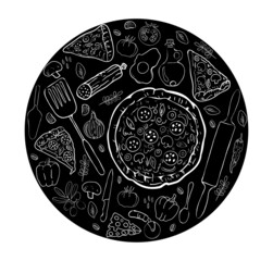 Hand drawn pizza, ingredients and kitchen utensils. Vector graphic elements. Can be yoused for restaurant identity, menu design, interior decorating and social media.