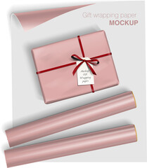 Vector gift wrapping paper rolls mock up and box with bow on light background. Template for your design with transparent shadows. 