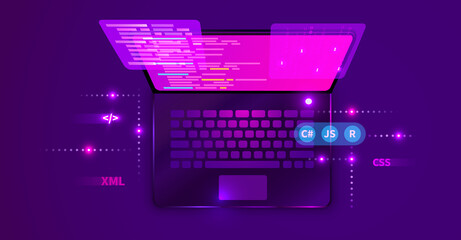 Web development, coding and programming futuristic banner. Computer code on laptop.