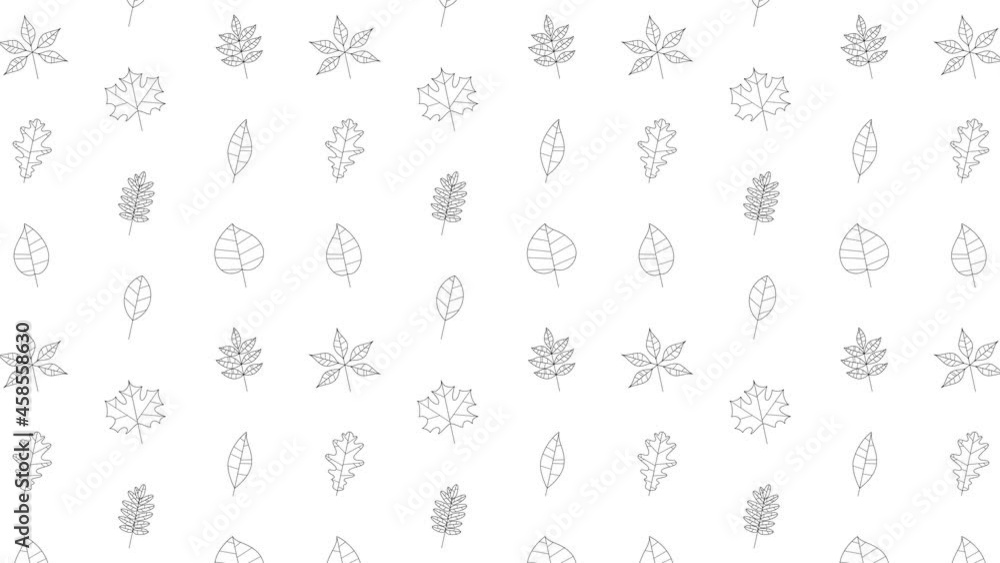 Poster black thin line icons of a random tree leaves on a white background. seamless loop motion graphic pa