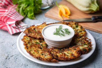 Mucver, Turkish traditional food. (Turkish cuisine) Homemade Food with Zucchini.