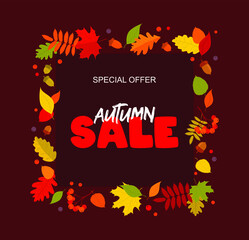 Autumn sale banner with a frame of multicolored leaves, berries and acorns on a red burgundy background. Flat vector illustration 