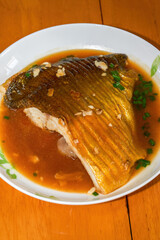 Close-up of a delicious braised Pangsius suthi fillet