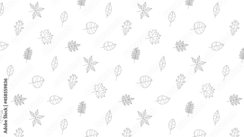 Poster black thin line icons of a random tree leaves on a white background. seamless loop motion graphic pa