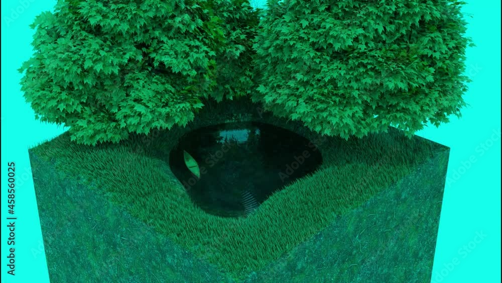Poster abstract fragment of a city park on a small scale with a lush tree and a small pond. design. tiny wa