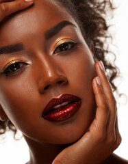 Beauty Fashion model. Black woman face beautiful bright make up. Afro american girl. Beauty skin female face.