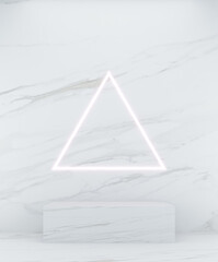 3d rendering square shape podium on white marble background and triangle light line.