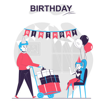 Birthday isolated cartoon concept. Father congratulates daughter and gives many gifts, party people scene in flat design. Vector illustration for blogging, website, mobile app, promotional materials