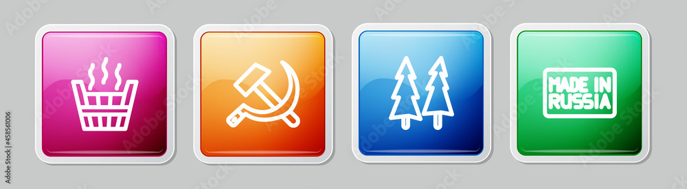 Canvas Prints Set line Sauna bucket, Hammer and sickle USSR, Christmas tree and Made in Russia. Colorful square button. Vector