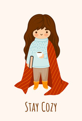 Stay at home, quarantine concept. Cute little girl staying home, reading book, wrapped in warm cozy blanket plaid, holding tea cup. Cute kawaii hand-drawn vector cartoon illustration.